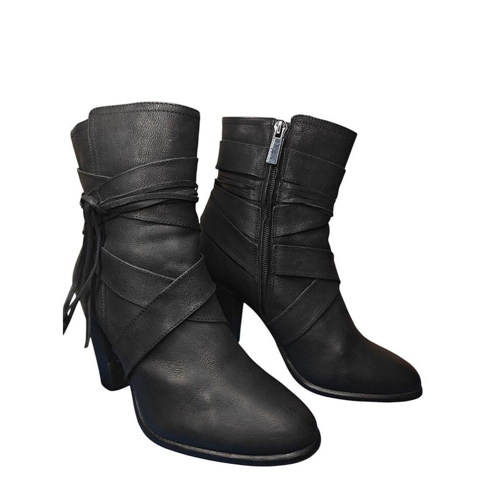 V.P. Ferrini Women’s 7M Black Leather Ankle Boots Wrap Strap Block Heel